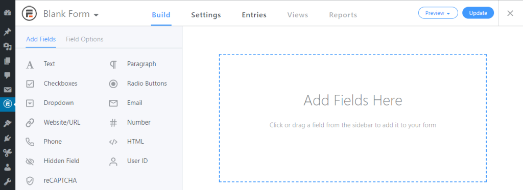 Editing form with form fields on left & form preview on right