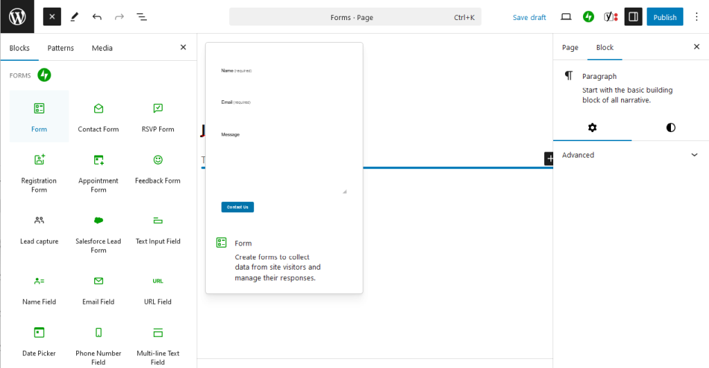 Jetpack Form - adding new form as block on WordPress Page
