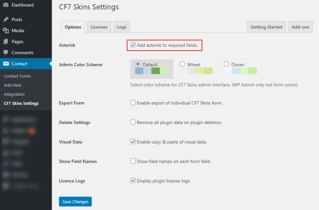 cf7skins-asterisk-optional-cf7skins-settings Show or hide Asterisk in required fields in CF7 Skins Settings